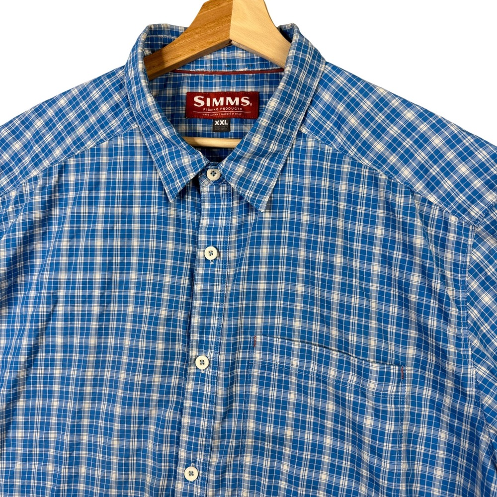 Simms Fishing Products Blue Plaid Short‎ Sleeve Button Down Shirt Mens XXL
